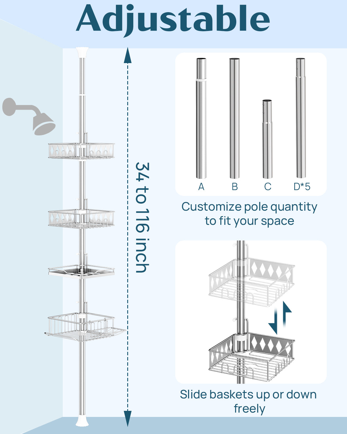 SEIRONE 08 Corner Shower Caddy Tension Pole