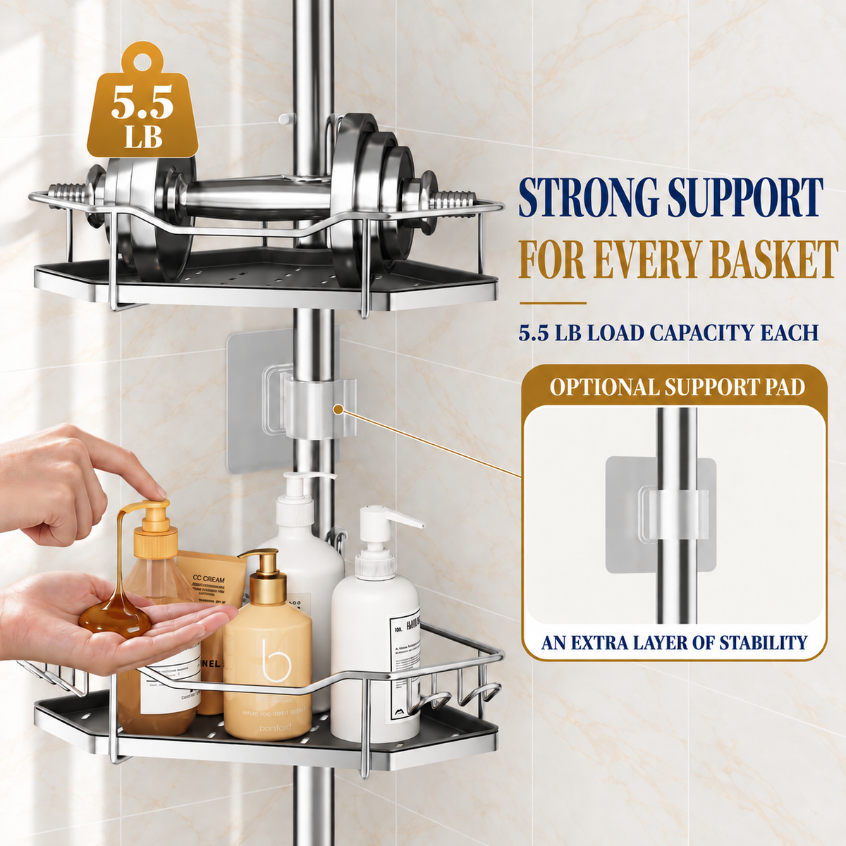 SEIRIONE Rustproof Corner Shower Caddy Tension Pole for Shampoo Holder