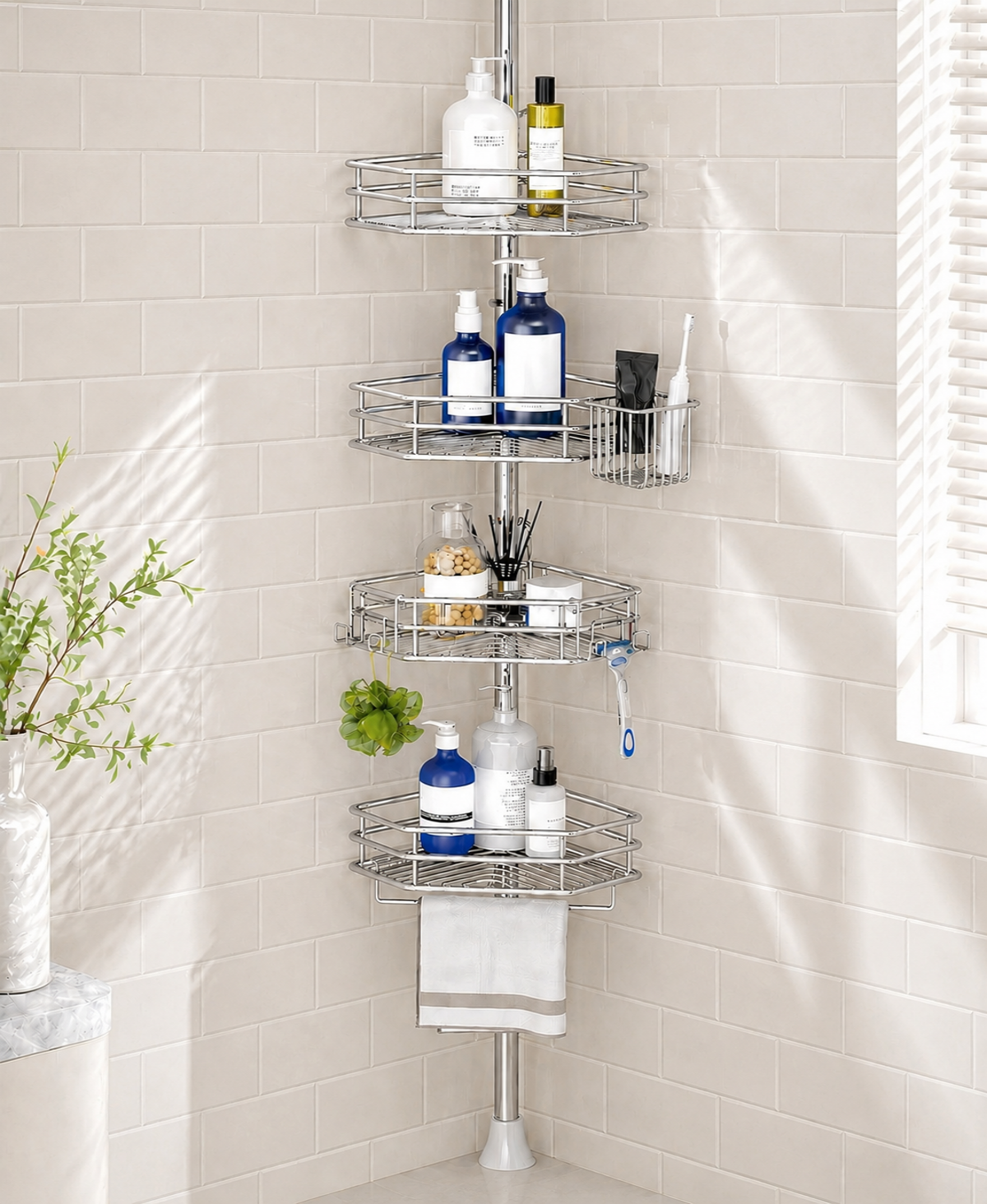 SEIRIONE Rustproof Corner Shower Caddy Tension Pole for Bathroom Storage