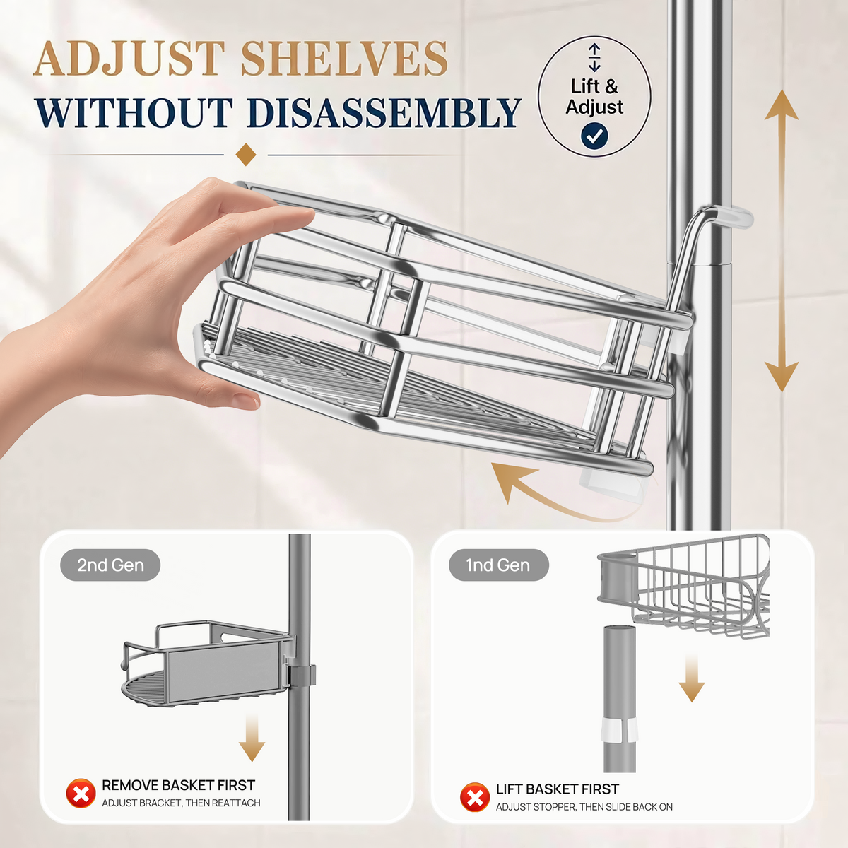 SEIRIONE Rustproof Corner Shower Caddy Tension Pole for Bathroom Storage