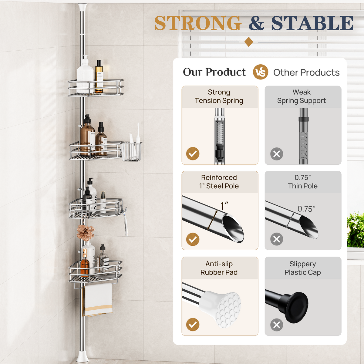 SEIRIONE Rustproof Corner Shower Caddy Tension Pole for Bathroom Storage