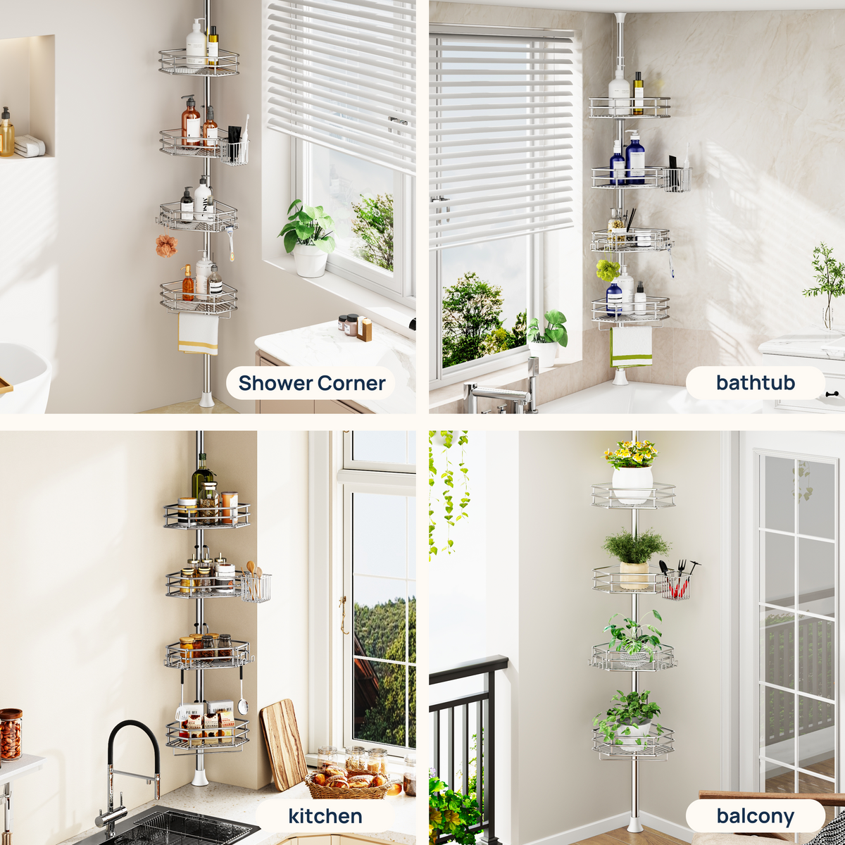 SEIRIONE Rustproof Corner Shower Caddy Tension Pole for Bathroom Storage