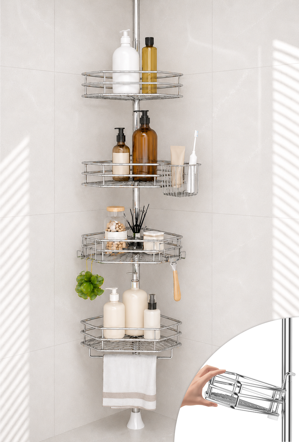 SEIRIONE Rustproof Corner Shower Caddy Tension Pole for Bathroom Storage