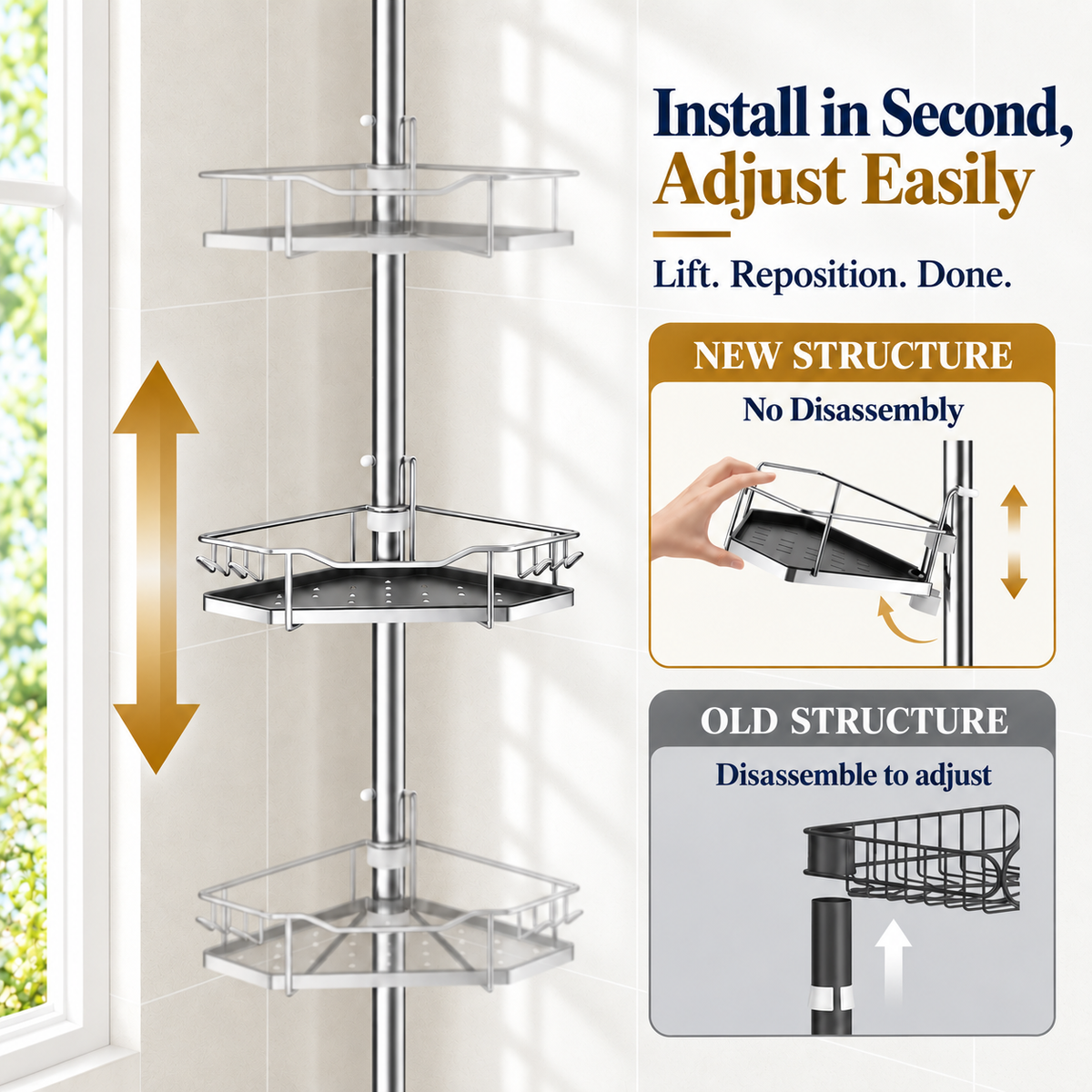 SEIRIONE Rustproof Corner Shower Caddy Tension Pole for Shampoo Holder