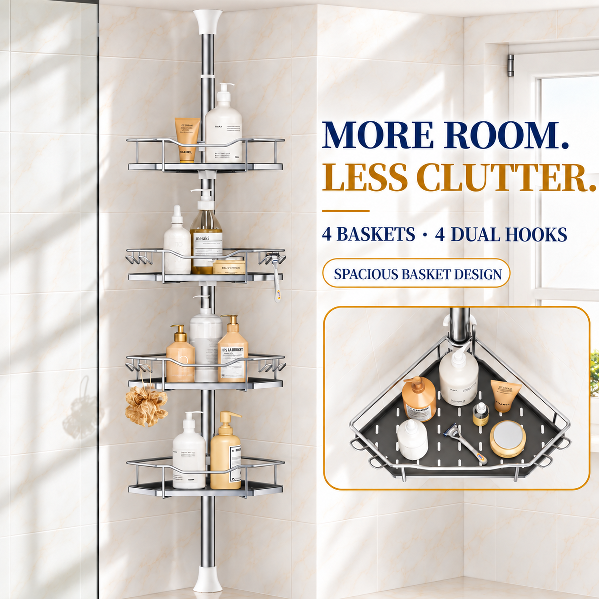 SEIRIONE Rustproof Corner Shower Caddy Tension Pole for Shampoo Holder